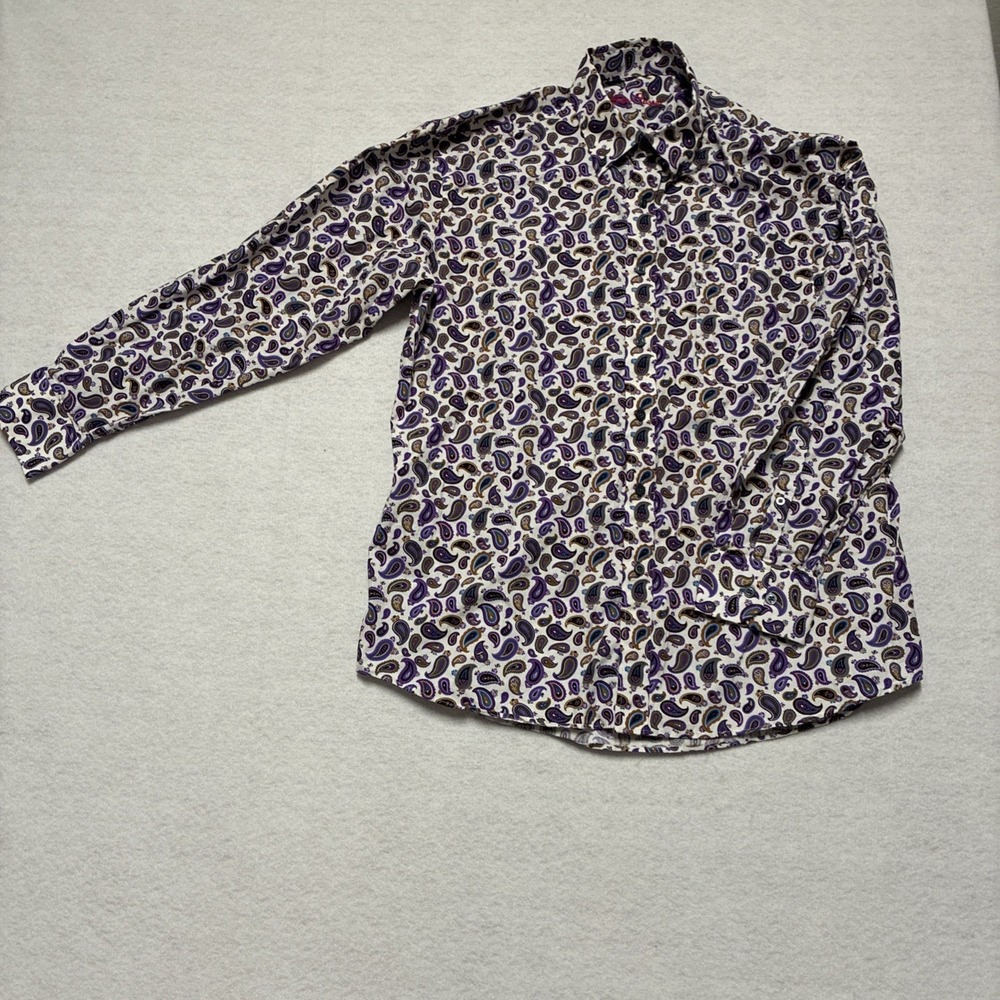Alan Flusser Paisley Pattern Shirt Mens L Purple White 100% Cotton Button-Down